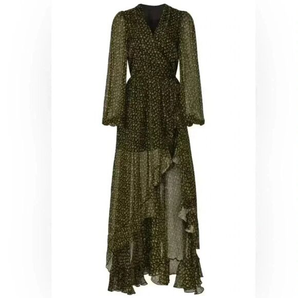 CAROLINE CONSTAS Vivian Winter Rose Black Floral Full Length 100% Silk Dress XS - Picture 2 of 15